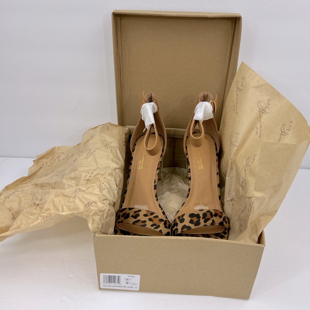 VINTAGE HAVANA,BEIGE & COFFEE LEOPARD PRINT OPEN TOE MIDTOP, ANKLE LOOP W/BUCKLE - Picture 13 of 14